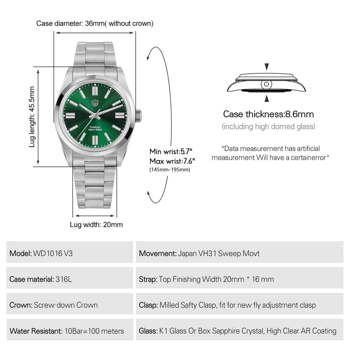 Watchdives WD1016 V3 Watch 37mm VH31 Sweep Quartz Movemet Stainless Steel Watch Waterproof Luminous Sapphire Men Wristwatch