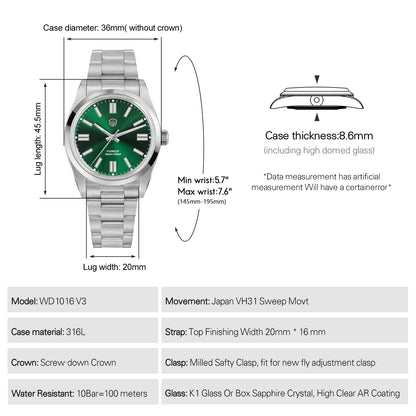 Watchdives WD1016 V3 Watch 37mm VH31 Sweep Quartz Movemet Stainless Steel Watch Waterproof Luminous Sapphire Men Wristwatch