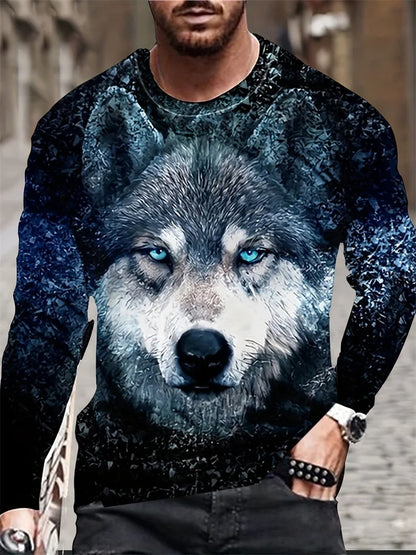 2024 New Wolf Print Men's Long Sleeve T-shirt Spring And Autumn Men's Daily Casual Shirt Street Fashion Men's Long Sleeve T-shir