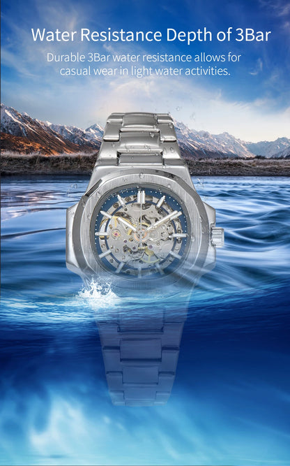 LONGLUX HOT SALE automatic mechanical men watch wholesale no logo waterproof skeleton business  stainless steel gift watch