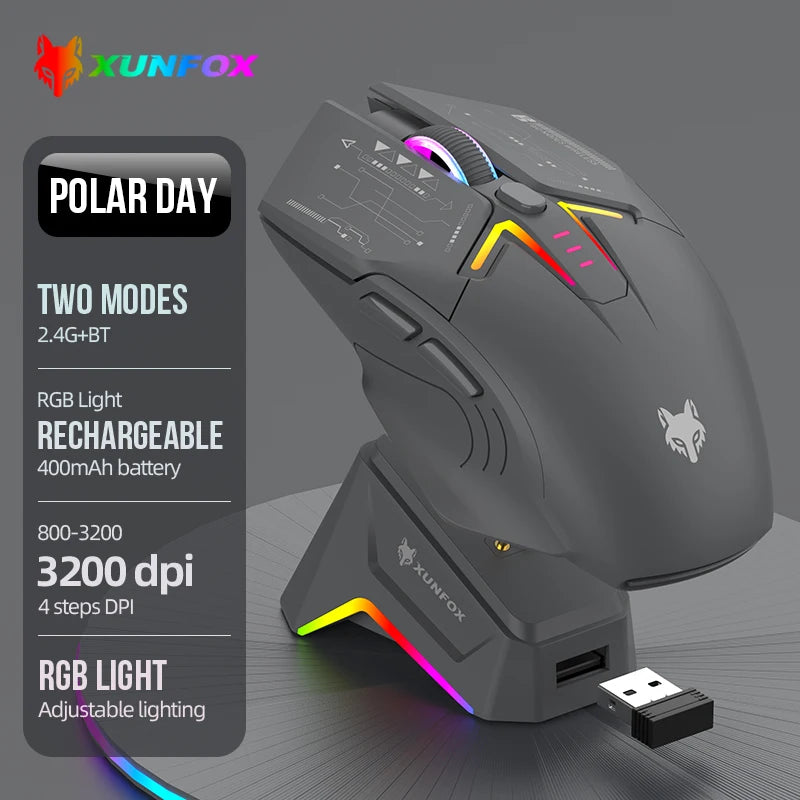 XUNSVFOX H2 langaton Bluetooth-kaksoistilahiiri RGB-valaistustehosteella kannettavalle, pelaamiseen ja toimistokäyttöön, magneettinen lataus