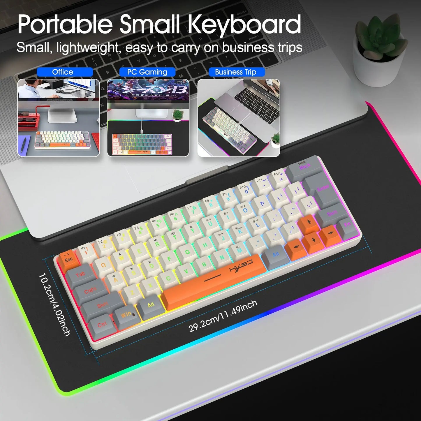 Keyboard RGB USB wired 63 keys gaming gamer compact  mini pc keyboards for trips,office,games business key board (Grey&Orange)