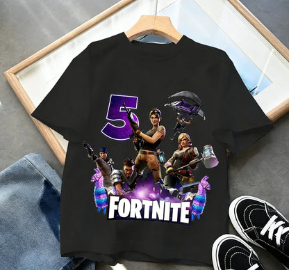 Fortnite Kinder-Geburtstagszahl-T-Shirt für Mädchen und Jungen, Sommerkleidung, Baby-T-Shirt aus Baumwolle, kurzärmliges Party-Oberteil, Geschenk für Kleinkinder