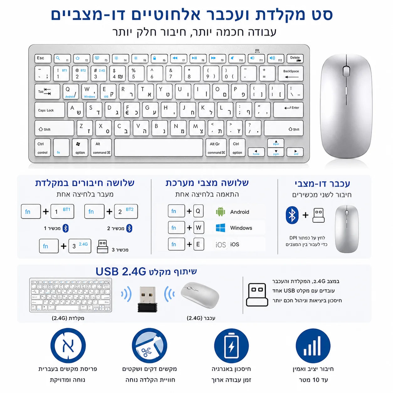Ultra Slim Hebrew Bluetooth & 2.4G Dual Mode Keyboard Israel Wireless Keyboard Low noise for iOS iPad Android Tablets Windows