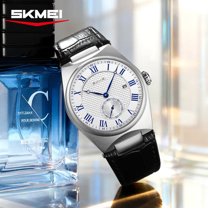 SKMEI 9390 Elegant Men's Quartz Watch Roman Scale Calendar Waterproof Leather Strap Casual Business Watches for Man Reloj Hombre