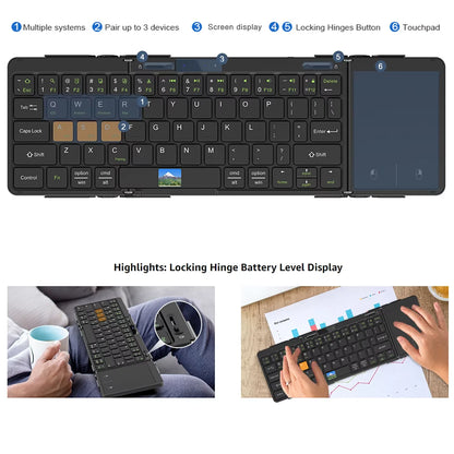 Folding Travel Keyboard with Touchpad & Display, Foldable Bluetooth Keyboard for Windows iOS Android, Multi Device Keyboard