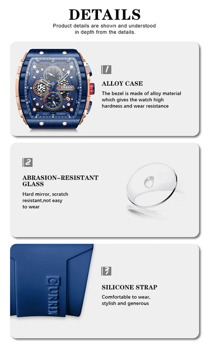 CURREN Fashion men watch brand unique square design luxury quartz sports tape watches men waterproof
