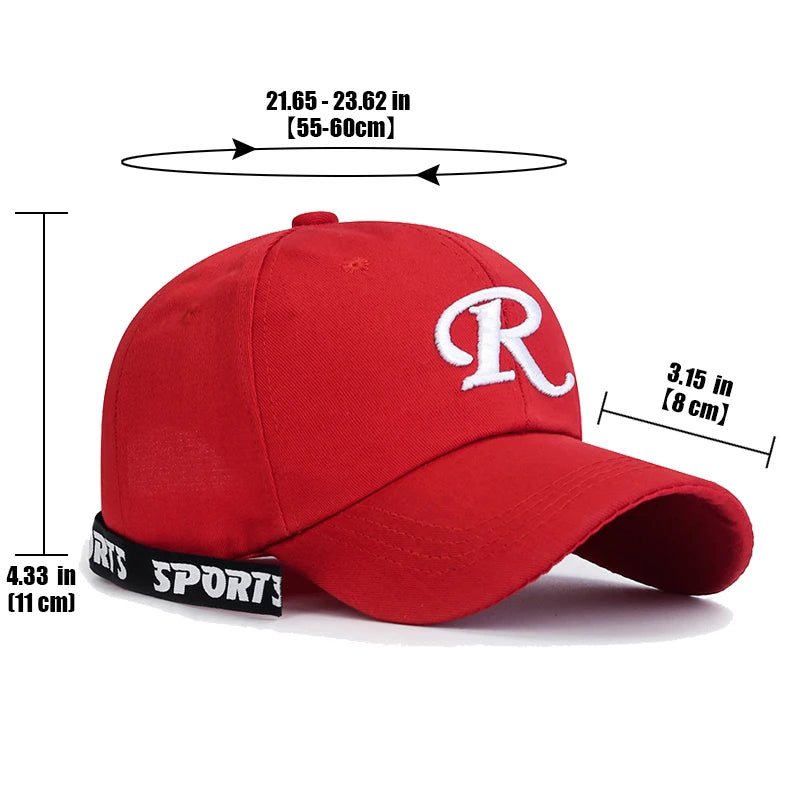 R-Buchstabe, Bandstickerei, Baumwolle, verstellbar, Baseballkappe mit festem Schirm, Sonnenhut, Trucker-Caps, Hip-Hop-Caps
