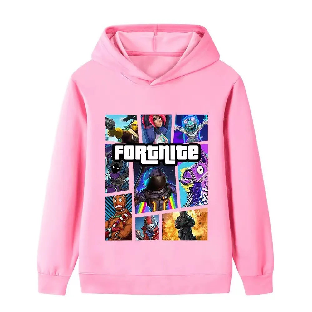 Detská mikina s potlačou Fortnite Game – pohodlný voľný top s kapucňou v kreslenom štýle, dlhý rukáv, jesenné a zimné oblečenie