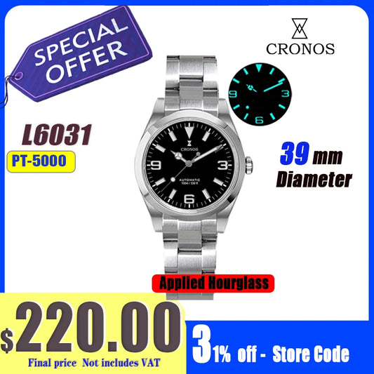 Cronos EX Diver Mechanical Men Watch 39mm Automatic PT5000 / Miyota 90S5 Sapphire Glass Bushed Bracelet Glide Clasp 10ATM L6031