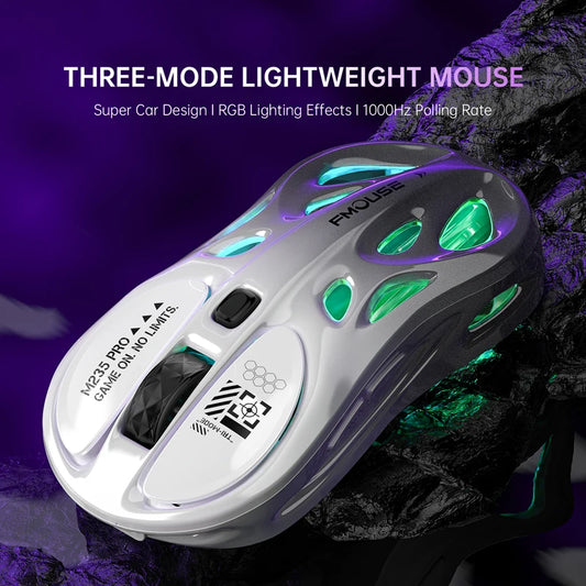 Belaidė 2.4G trijų režimų RGB žaidimų pelė, tuščiavidurio lengvo dizaino, su Chroma apšvietimu, laidinė Bluetooth e. sporto pelė-valdiklis