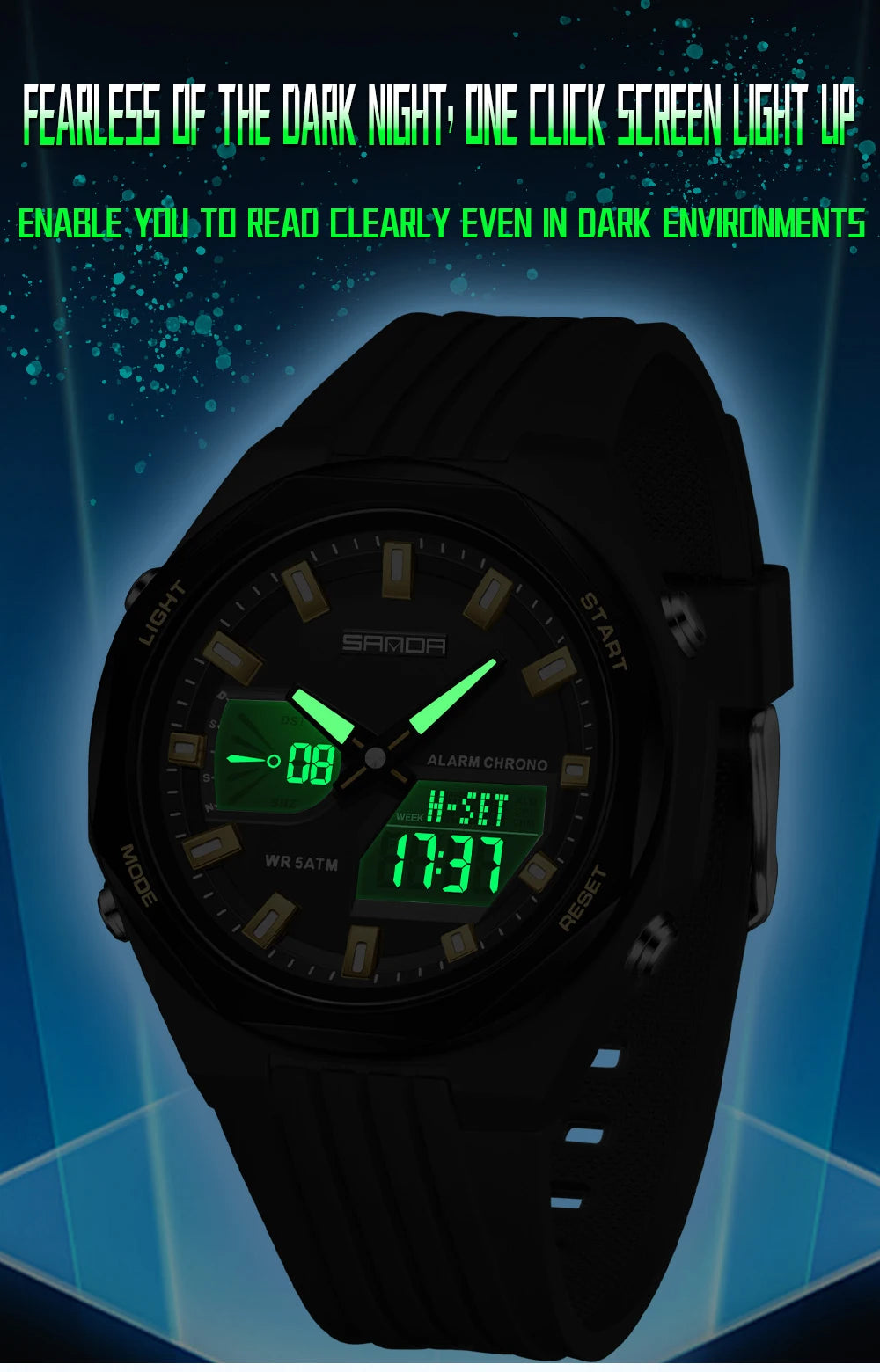 Fashion SANDA 6267 Men's Electronic Watch Multifunctional Operation Night light waterproof Dual Display Student Electronic Watch
