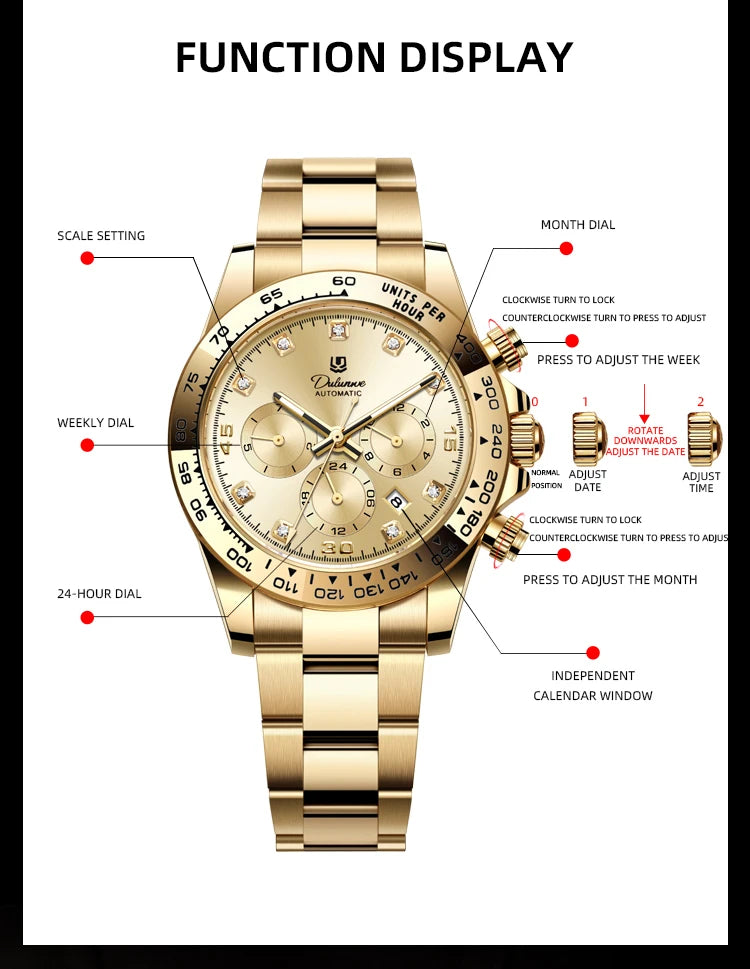 Watch For Men Luxury Stainless Steel Clock Fashion Casual Multi-functional Design Automatic Mechanical Wristwatch