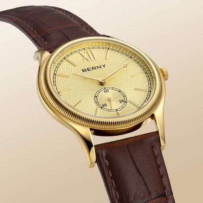 BERNY Luxury Watches for Men Classic Elegance Slim Dress Gold Quartz Men's Watch Leather Strap Fashion Business Wristwatch