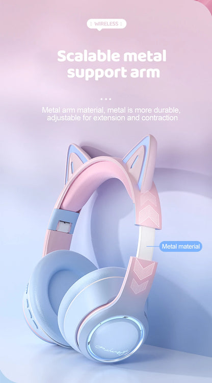 RGB Cat Ear Bluetooth Headphones Wireless Kids Headset with Microphone, Gradient LED Light Gaming Headphones, Stereo Music Bluetooth 5.3 Earphones for Girls