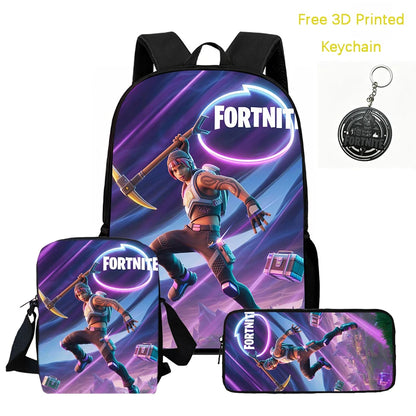 3Pcs Kids Backpack Set, Crossbody & Pencil Bag, FORTNITE Cartoon Bag, Lightweight for Boys Girls 5-10, Free 3D Printed Keychain