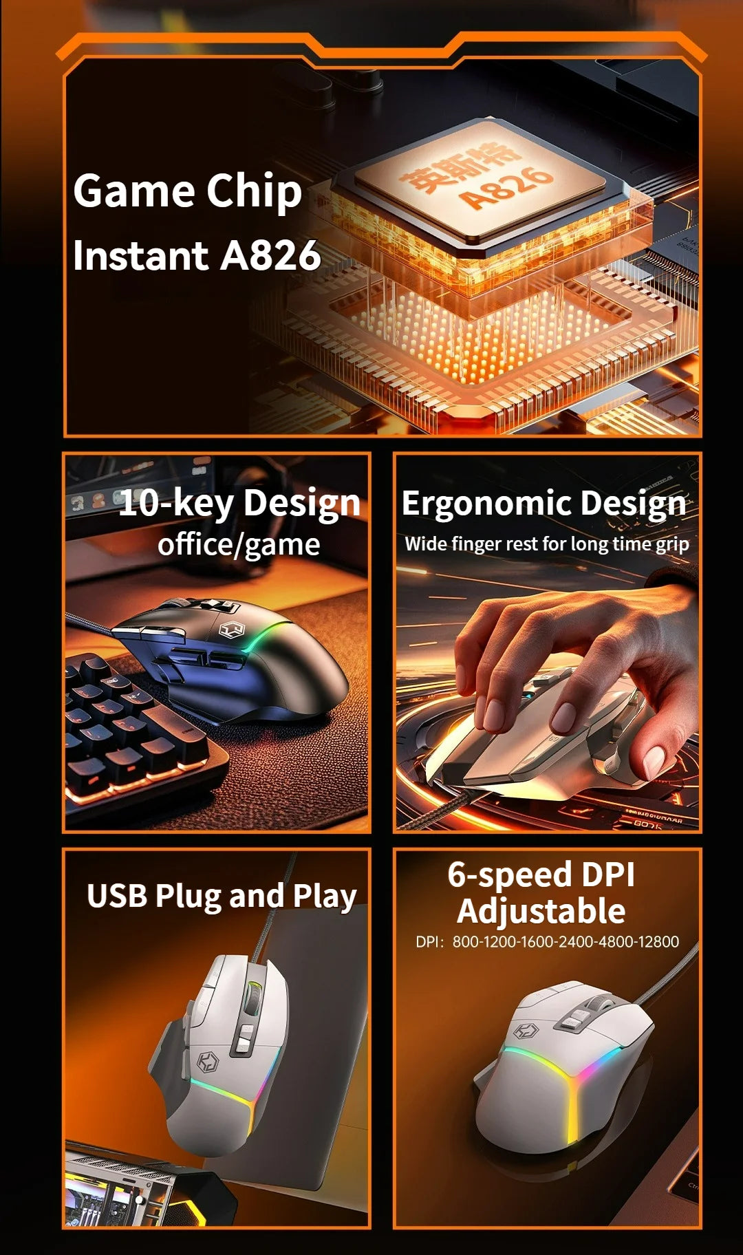 Wired Mouse RGB Lights 10 Keys Macro Programming Gaming Chip 12800DPI Ergonomic Design Medium-Large Hand Gaming Mouse GK502
