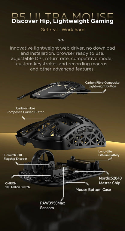 Bezdrátová herní myš ATTACK SHARK R5 Ultra Carbon Fiber, herní senzor PixArt PAW3950MAX, 42000DPI, 8000Hz, MCU Nordic 52840