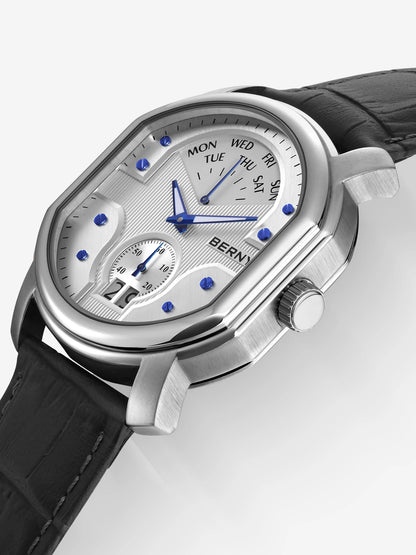 BERNY Tonneau Classic Men's Watch Quartz Luxury Top Watches Ronda 7004N Day Stainless Steel Sapphire Pendulum Dial Watch for Men