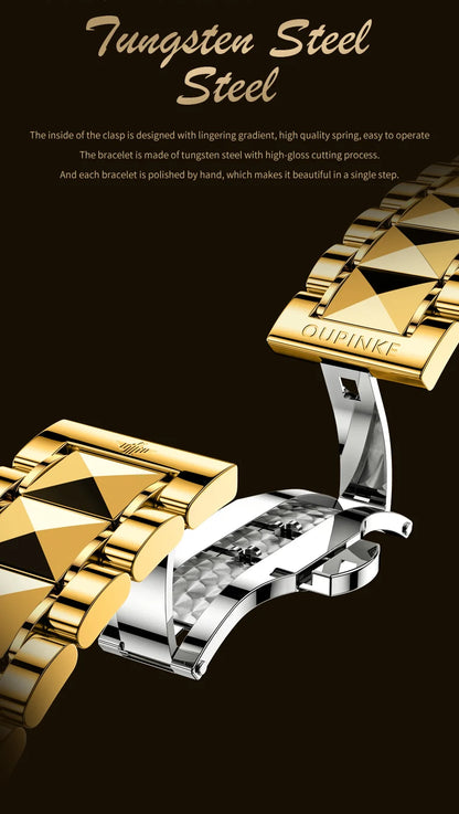 Reloj para hombre OUPINKE de marca de lujo, oro y acero de tungsteno, original, automático mecánico, con esfera decorada con motivo de dragón