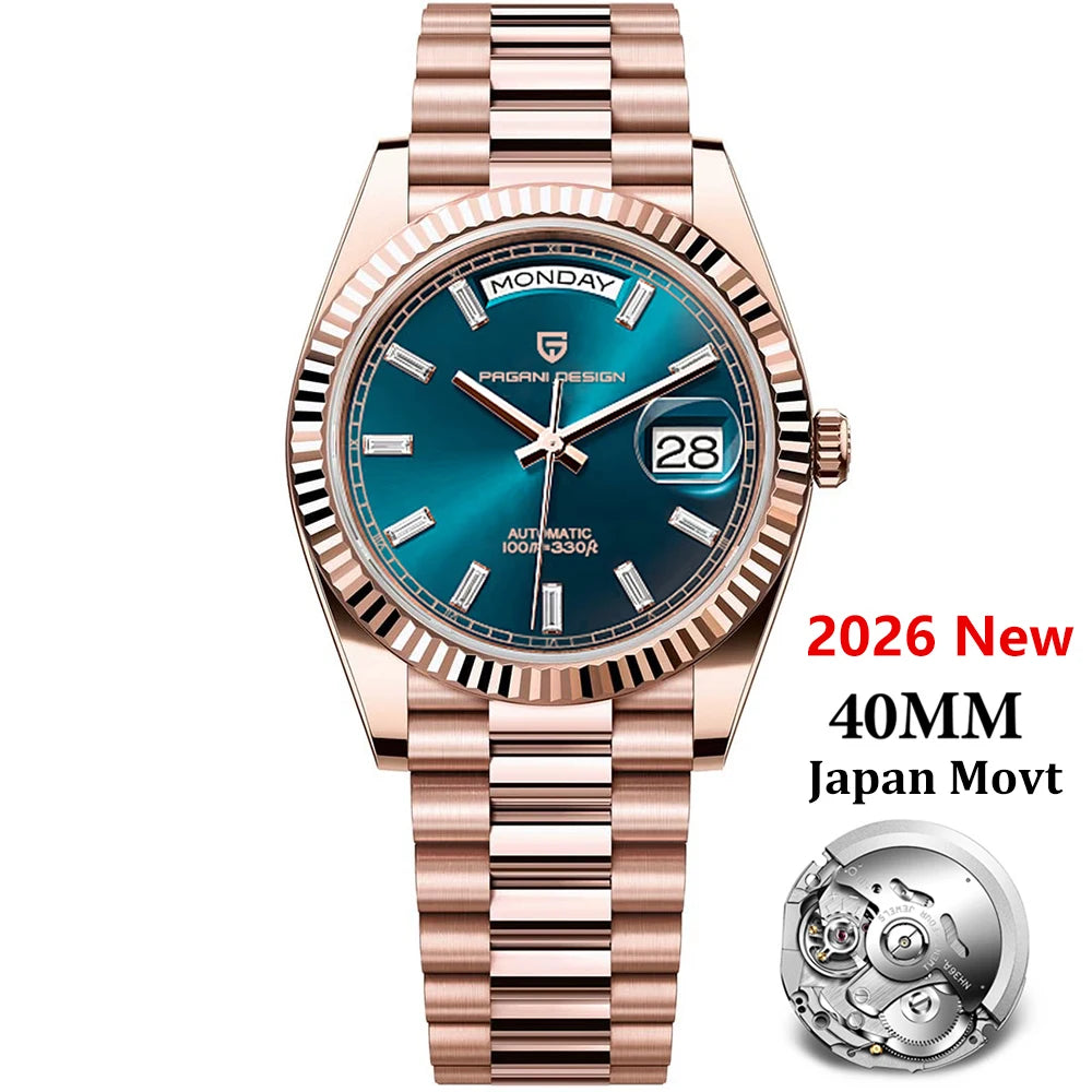 PAGANI DESIGN 2026 New Rose Gold Blue DD40 Luxury Automatic Watch Men Mechanical Wristwatch Mens Sapphire glass Waterproof Watch