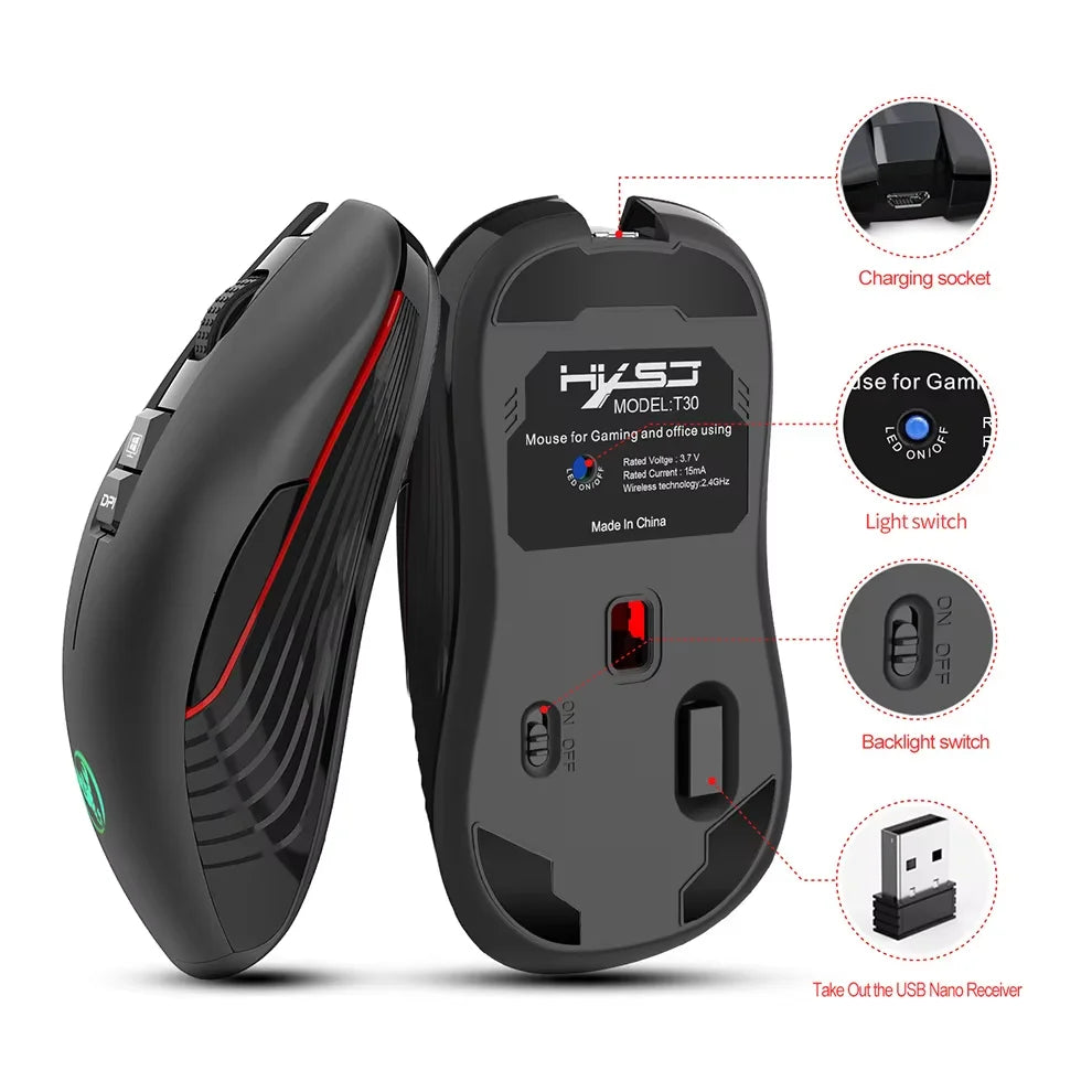 Безжична USB мишка с презареждане, за дясна ръка, с Type-C за лаптоп и компютър, тих клик, подсветка, гейминг мишка 3600cpi