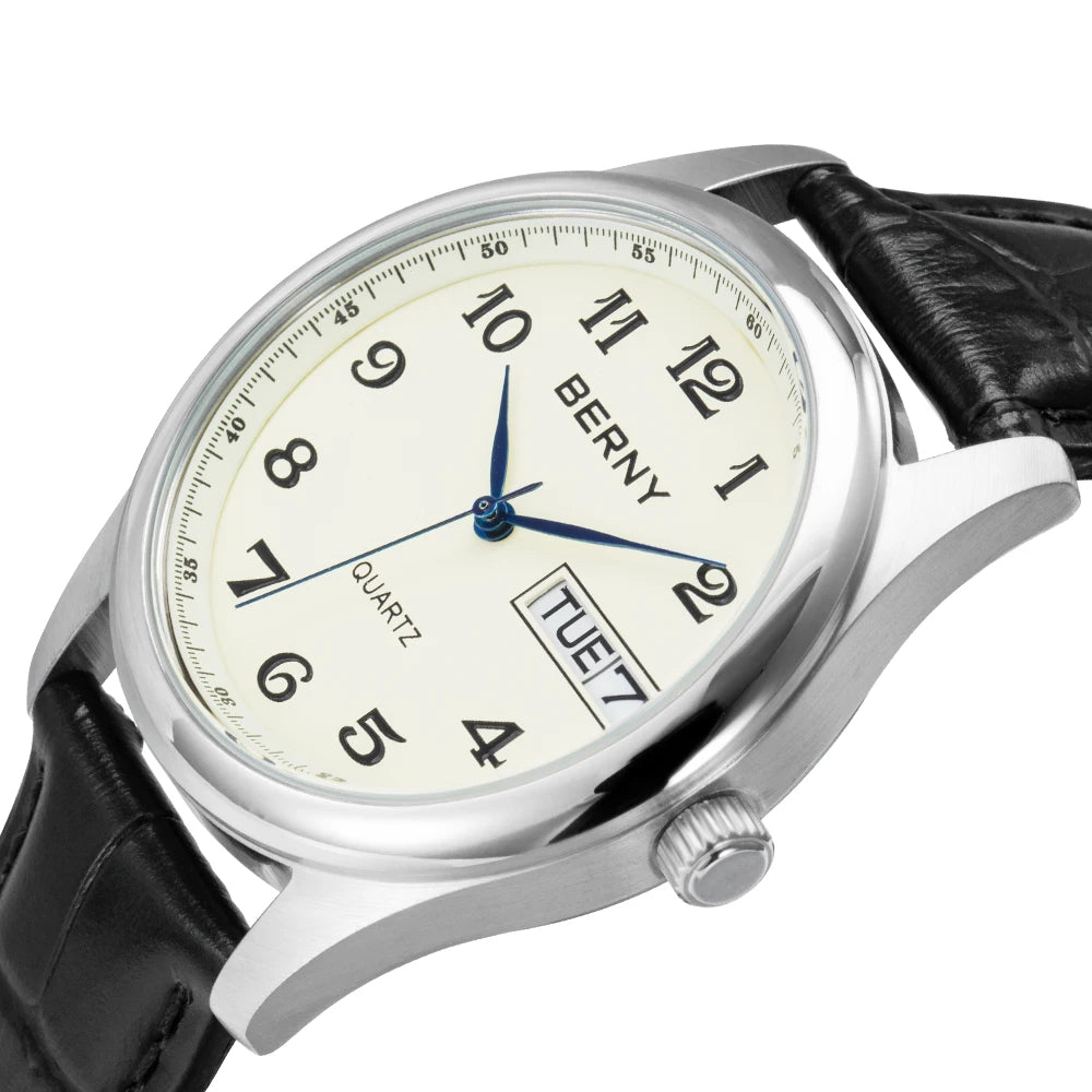 BERNY Quartz Watch for Men Miyota 2405 Business Male Wristwatch Day Top Calendar Genuine Leather Classic Men Watches Waterproof