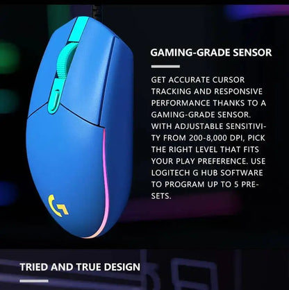 Logitech G203 LIGHTSYNC Mouse Wired 8000 DPI Sensor RGB Sync 6 Buttons Mechanical Tensioning Office-Gaming Dual-Use