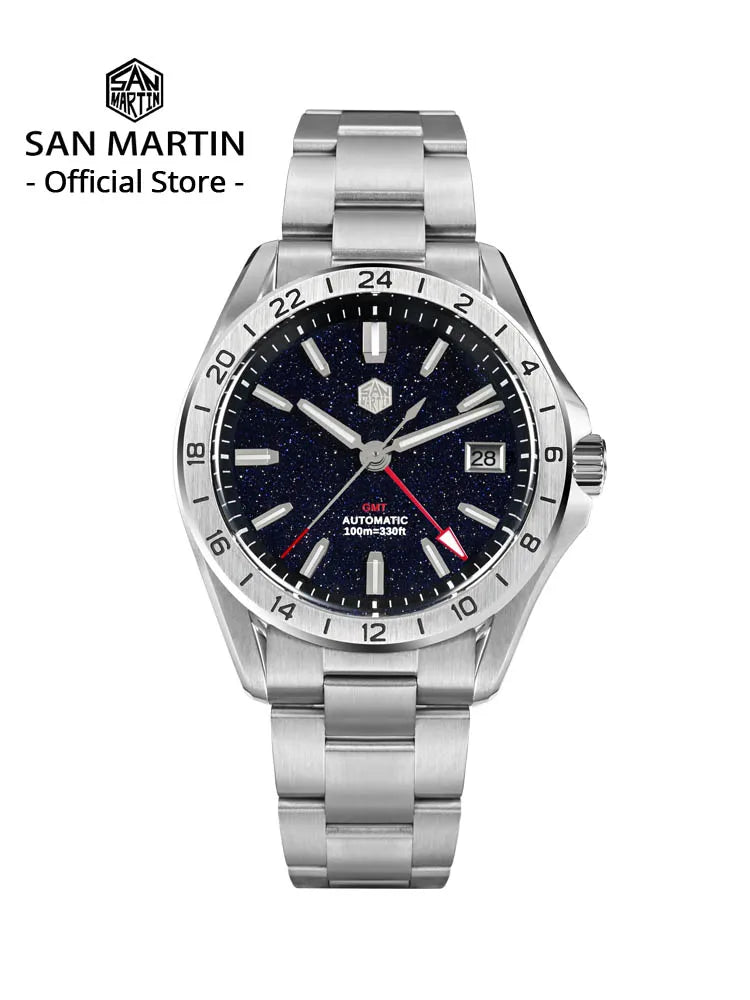 Relógio de Luxo para Homem San Martin 39mm com Mostrador em Pedra Aventurina, NH34 GMT Automático Mecânico, Safira, Impermeável e Luminescente SN0129