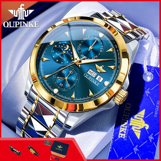 OUPINKE 3299 Automatic Man Watch Exclusive Dual Calendar Luxury Mechanical Wristwatches Moon Phase Waterproof Chronogprah Watch