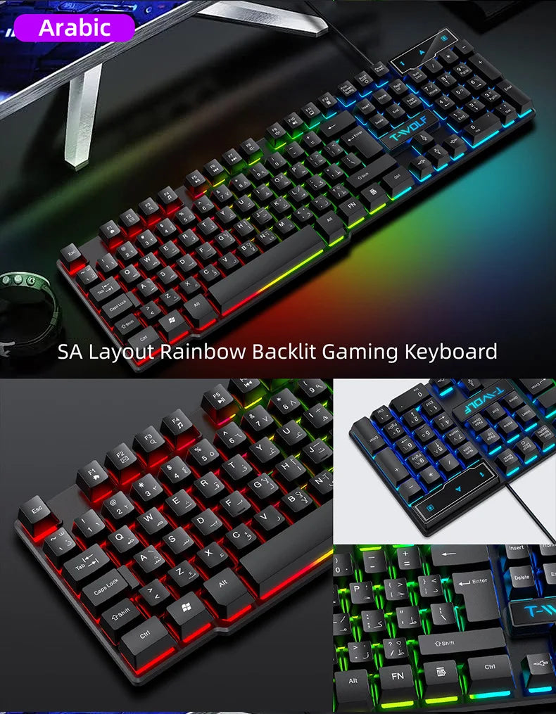 Mechanical feel Gaming Keyboard Light Backlit RGB wired keyboard USB office home  media keys Russian Spanish Arabic English