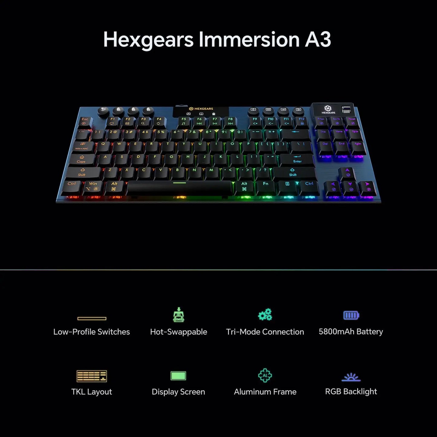 HEXGEARS A3 Mechanical Keyboard Kailh Switch Bluetooth/2.4G/Type-C Wired Connection 87 Key RGB Hot Swap Wireless Gaming Keyboard