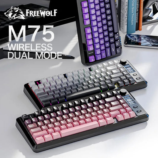 FREE WOLF M75 82-Key Compact Wireless Gaming Keyboard, Bluetooth & 2.4G RGB Backlit Gaming Keyboard with OLED Display, 2000mAh Rechargeable Battery