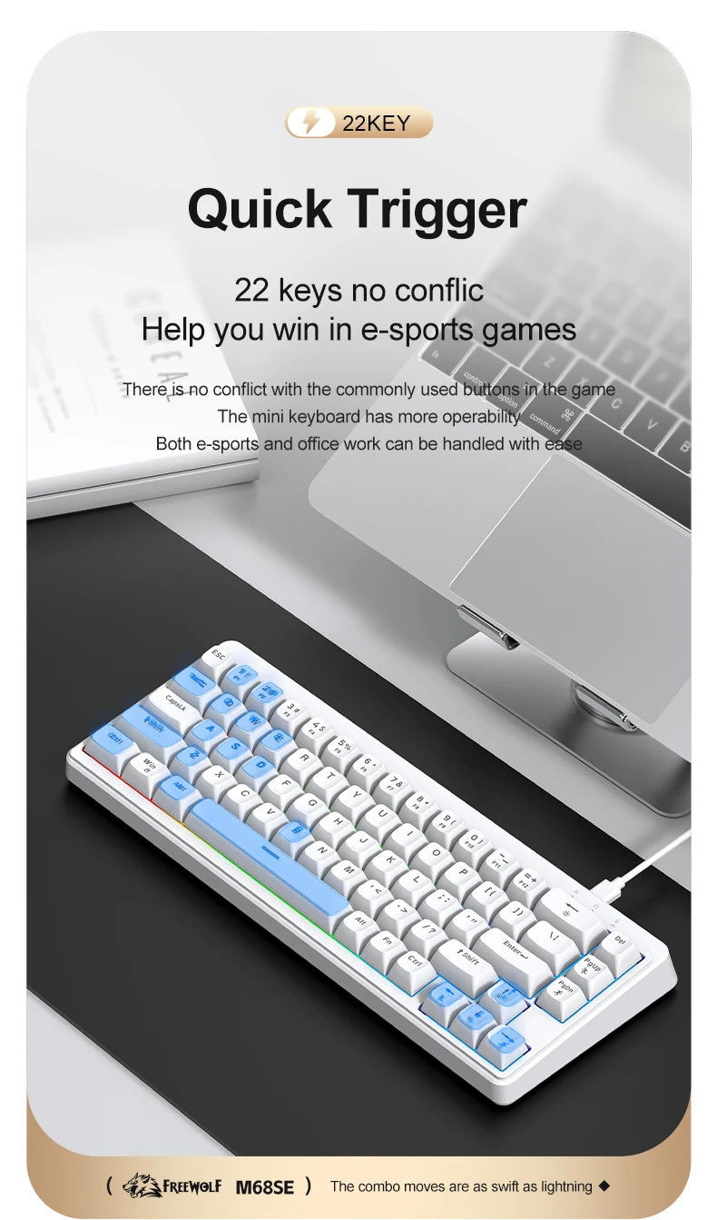 FREEWOLF M68SE 68 key wired mini keyboard, designed ergonomically, dazzling lights and compatible with multiple systems