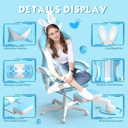 #For Kawaii Light Blue Gaming Chair with Bunny Ears, Ergonomic Cute Gamer Chair with Footrest and Massage, Racing Reclining&