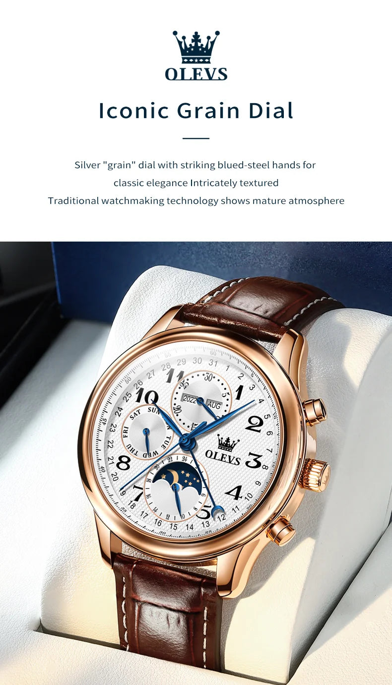 OLEVS 6667 Mens Watch Multifunctional Chronograph Mechanical Watch Leather Strap Moon Phase Watches For Man Luxury Original