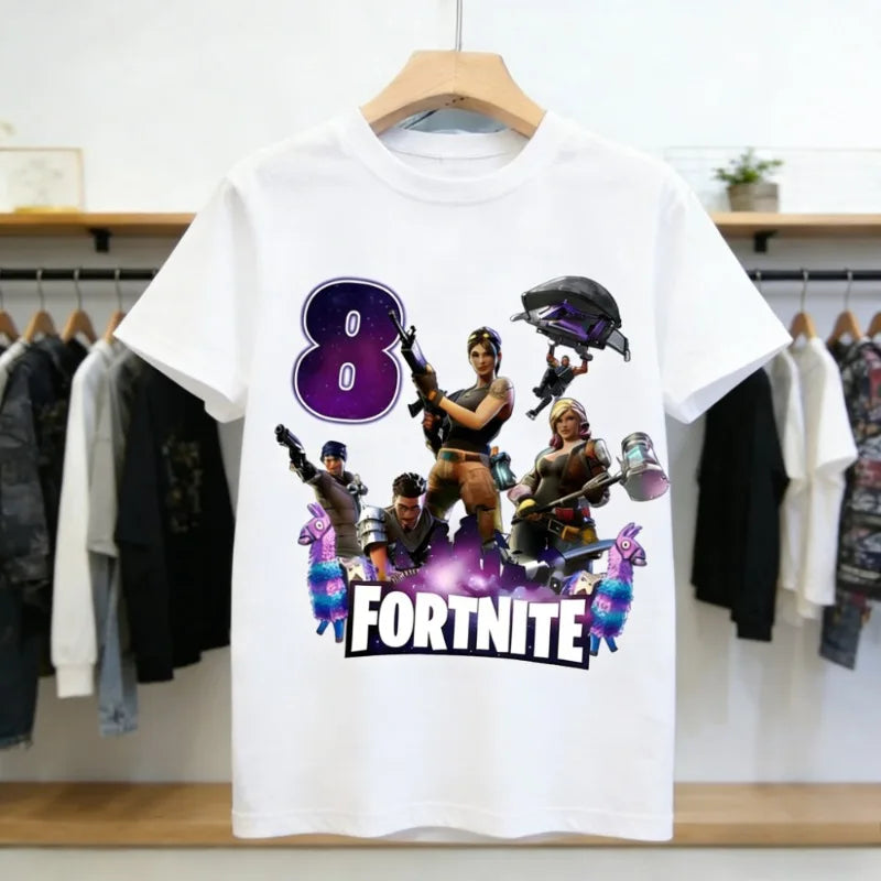 Fortnite Kinder-Geburtstagszahl-T-Shirt für Mädchen und Jungen, Sommerkleidung, Baby-T-Shirt aus Baumwolle, kurzärmliges Party-Oberteil, Geschenk für Kleinkinder