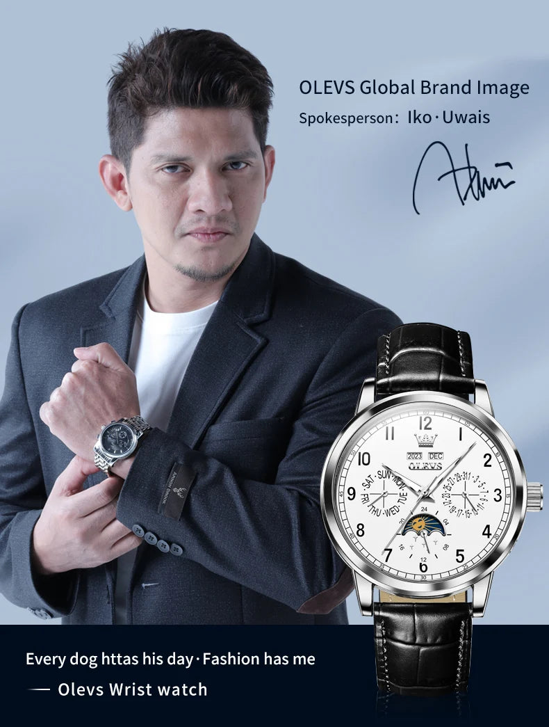 OLEVS 6698 Mens Watch Luxury Dress Brand Moon Phase Automatic Mechanical Watch For Men Leather  Waterproof Dual Calendar Watch