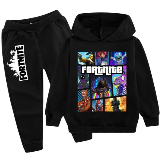 Fortnite-Game-Print-Kinderset, Hoodie im Cartoon-Stil, bequemer 2-teiliger Anzug mit lockerem Langarm-Oberteil und Hose, Herbst-/Winterkleidung