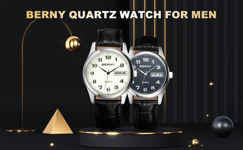 BERNY Quartz Watch for Men Miyota 2405 Business Male Wristwatch Day Top Calendar Genuine Leather Classic Men Watches Waterproof