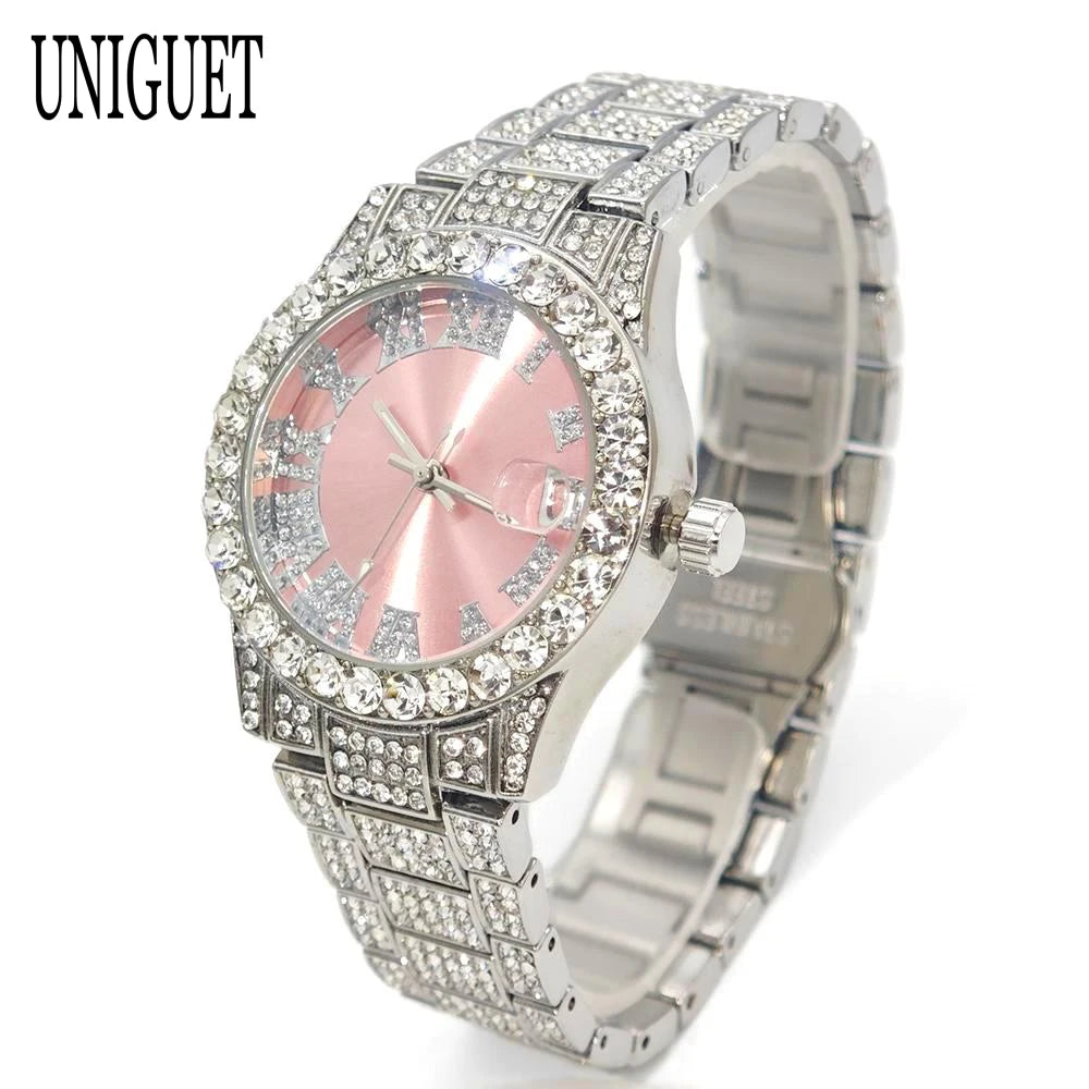 Hot Fashion Luxury Brand UNIGUET Womens Watch Elegant Pink Diamond Small Dial BlingBling Quartz Ladies Mini Iced Wristwatch Gift