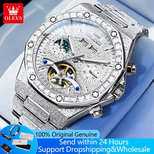 OLEVS 9805 Skeleton Automatic Man Watch Luxury Fashion Matte Texture Full Diamond Moon Phase Waterproof Mechanical Wristwatches
