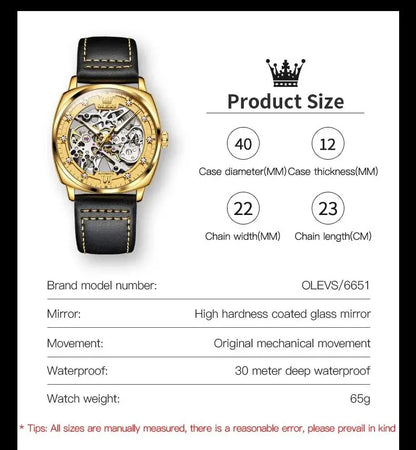 OLEVS 6651 Men's Watch Classic Automatic Mechanical Watch For Men Hollow Skeleton Clock Luxury Leather Waterproof Wrist Watches
