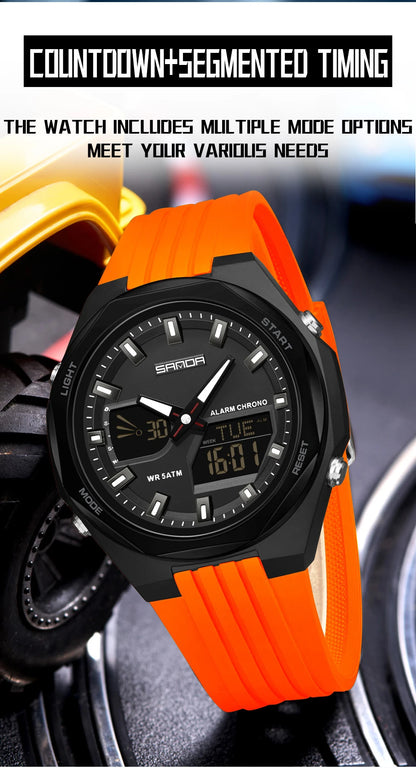 Fashion SANDA 6267 Men's Electronic Watch Multifunctional Operation Night light waterproof Dual Display Student Electronic Watch