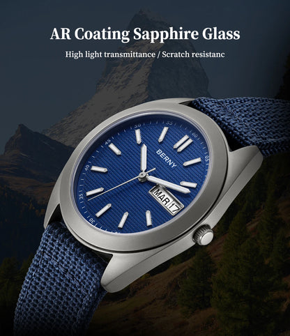 BERNY Titanium Watches for Men Date Week Calendar Sapphire Quartz Watch 38mm Super Luminous Men's Wristwatch 10ATM Lightweight