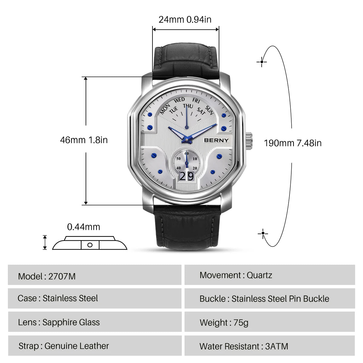 BERNY Tonneau Classic Men's Watch Quartz Luxury Top Watches Ronda 7004N Day Stainless Steel Sapphire Pendulum Dial Watch for Men
