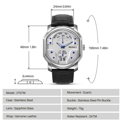 BERNY Tonneau Classic Men's Watch Quartz Luxury Top Watches Ronda 7004N Day Stainless Steel Sapphire Pendulum Dial Watch for Men