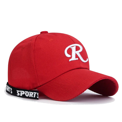 R-Buchstabe, Bandstickerei, Baumwolle, verstellbar, Baseballkappe mit festem Schirm, Sonnenhut, Trucker-Caps, Hip-Hop-Caps