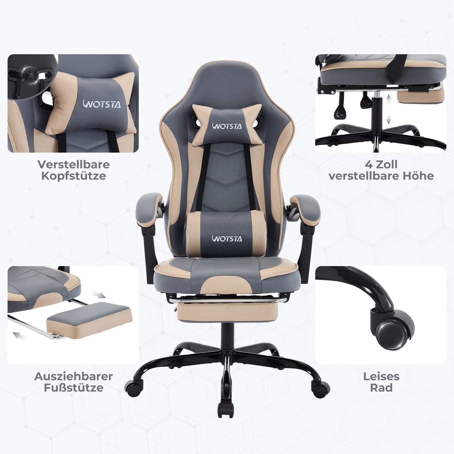 WOTSTA Gaming Chair with Footrest Gamer Chairs Ergonomic with Lumbar Cushion Headrest Chair Height Adjustable Computer Chair