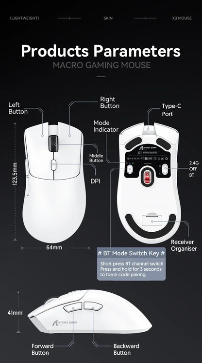 ATTACK SHARK R1 2.4G USB Wireless Bluetooth Gaming Mouse 18K DPI PAW3311 Tri-Mode Connectivity 59g Lightweight For PC Laptop Mac